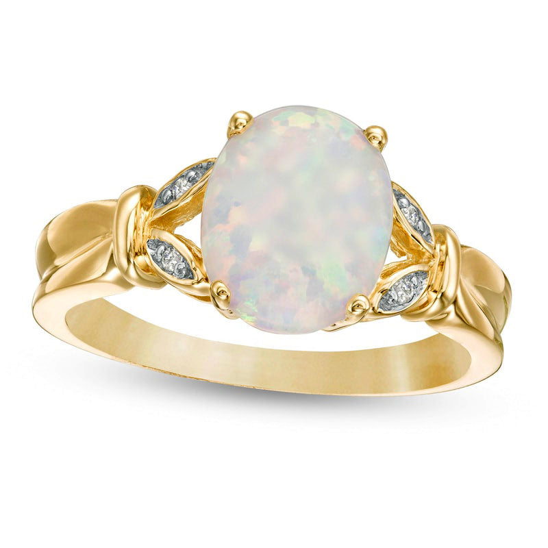 Oval Lab-Created Opal and Diamond Accent Leaf Split Shank Ring in Solid 10K Yellow Gold