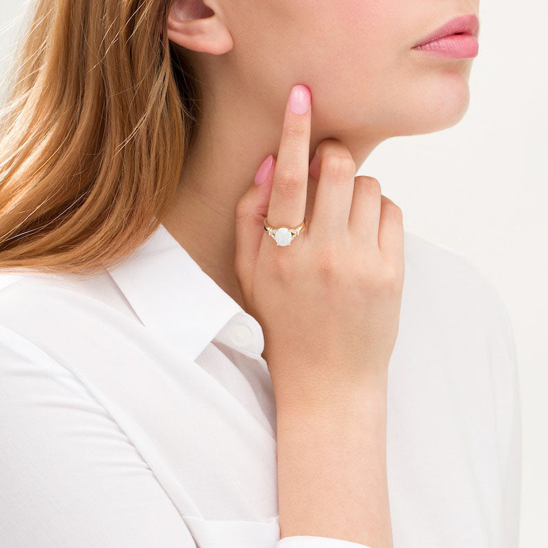 Oval Lab-Created Opal and Diamond Accent Leaf Split Shank Ring in Solid 10K Yellow Gold