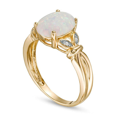 Oval Lab-Created Opal and Diamond Accent Leaf Split Shank Ring in Solid 10K Yellow Gold