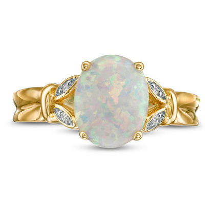 Oval Lab-Created Opal and Diamond Accent Leaf Split Shank Ring in Solid 10K Yellow Gold