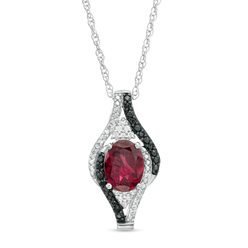Oval Garnet and 0.1 CT. T.W. White and Enhanced Black Natural Diamond Bypass Frame Pendant in Sterling Silver