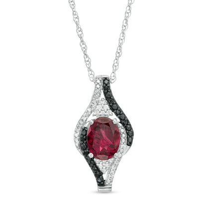 Oval Garnet and 0.1 CT. T.W. White and Enhanced Black Natural Diamond Bypass Frame Pendant in Sterling Silver