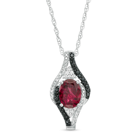 Oval Garnet and 0.1 CT. T.W. White and Enhanced Black Natural Diamond Bypass Frame Pendant in Sterling Silver