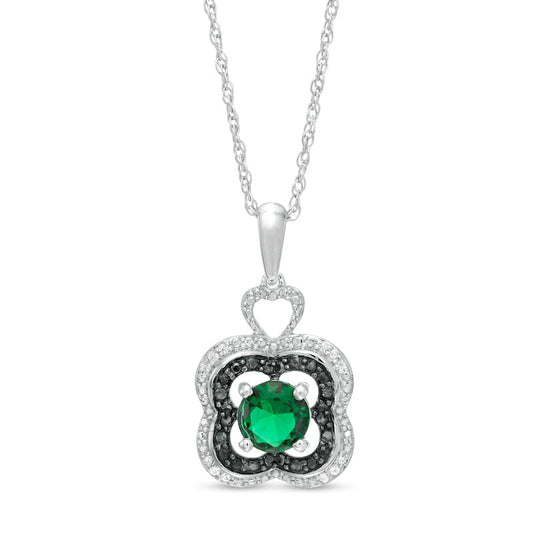 5.5mm Lab-Created Emerald and 0.07 CT. T.W. White and Enhanced Black Diamond Clover Pendant in Sterling Silver
