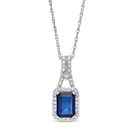 Emerald-Cut Lab-Created Blue Sapphire and 0.05 CT. T.W. Diamond Frame Drop Pendant in Sterling Silver