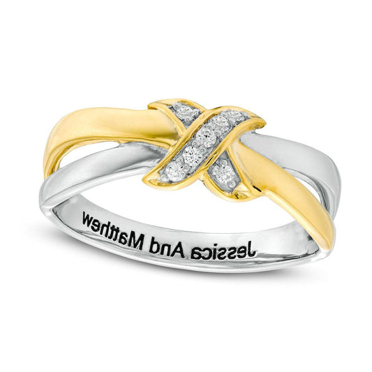 0.05 CT. T.W. Natural Diamond X" Engravable Crossover Split Shank Promise Ring in Sterling Silver and Solid 10K Yellow Gold (1 Line)"