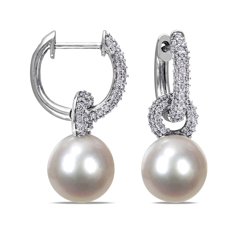 9.0-9.5mm Cultured South Sea Pearl and 0.5 CT. T.W. Diamond Huggie Hoop Earrings in 14K White Gold