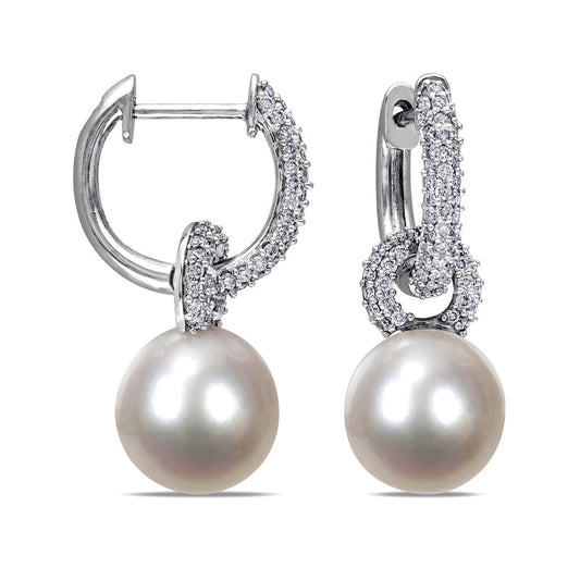 9.0-9.5mm Cultured South Sea Pearl and 0.5 CT. T.W. Diamond Huggie Hoop Earrings in 14K White Gold