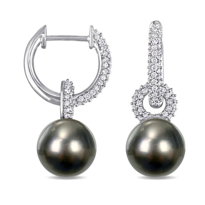 9.0-9.5mm Black Cultured Tahitian Pearl and 0.5 CT. T.W. Diamond Huggie Hoop Earrings in 14K White Gold