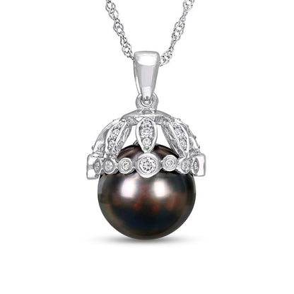 9.0-9.5mm Black Cultured Tahitian Pearl and 0.25 CT. T.W. Natural Diamond Crown Pendant in 14K White Gold- 17"