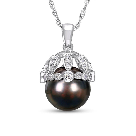 9.0-9.5mm Black Cultured Tahitian Pearl and 0.25 CT. T.W. Natural Diamond Crown Pendant in 14K White Gold- 17"