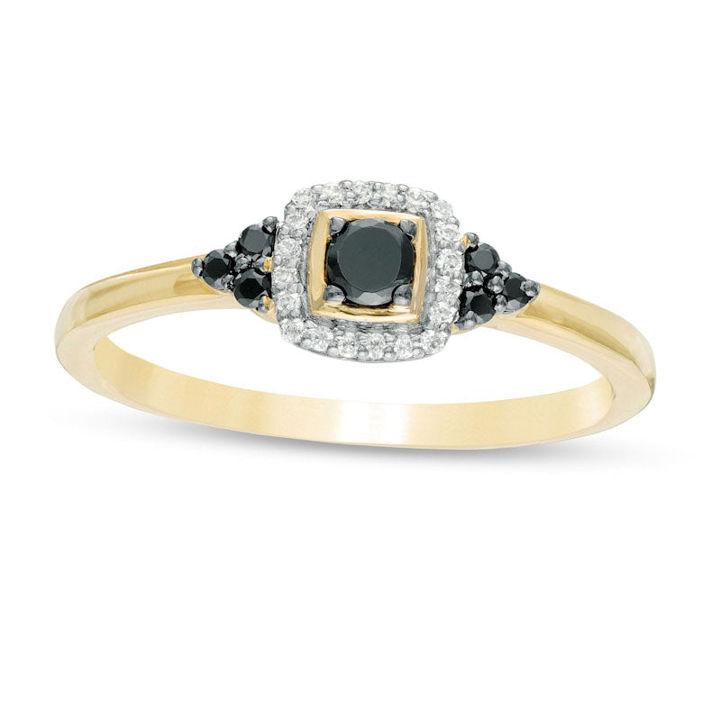 0.20 CT. T.W. Enhanced Black and White Natural Diamond Cushion Frame Tri-Sides Promise Ring in Solid 10K Yellow Gold