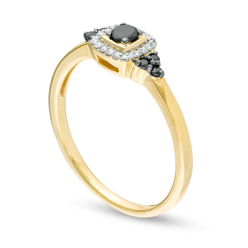 0.20 CT. T.W. Enhanced Black and White Natural Diamond Cushion Frame Tri-Sides Promise Ring in Solid 10K Yellow Gold