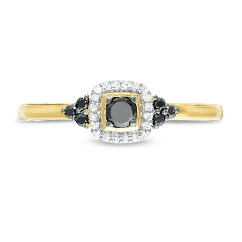 0.20 CT. T.W. Enhanced Black and White Natural Diamond Cushion Frame Tri-Sides Promise Ring in Solid 10K Yellow Gold