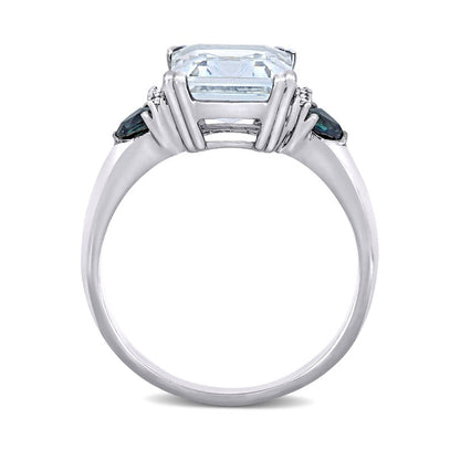Emerald-Cut Aquamarine, Trillion-Cut Blue Sapphire and 0.05 CT. T.W. Natural Diamond Collar Ring in Sterling Silver