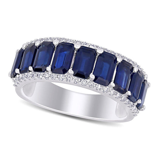 Emerald-Cut Blue Sapphire and 0.25 CT. T.W. Natural Diamond Edge Band in Solid 14K White Gold