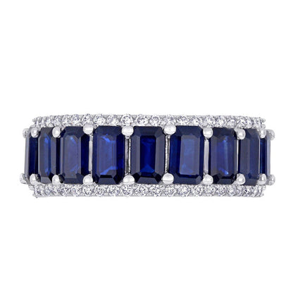 Emerald-Cut Blue Sapphire and 0.25 CT. T.W. Natural Diamond Edge Band in Solid 14K White Gold