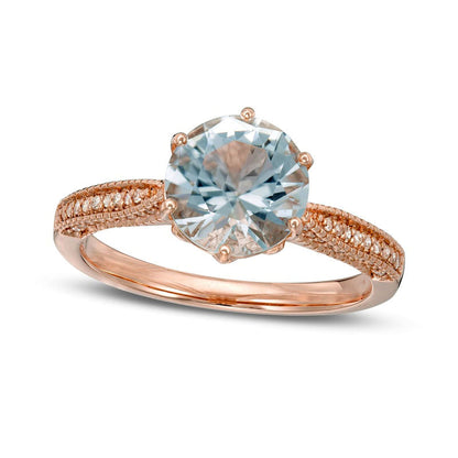8.0mm Aquamarine and 0.20 CT. T.W. Natural Diamond Antique Vintage-Style Ring in Solid 14K Rose Gold - Size 7