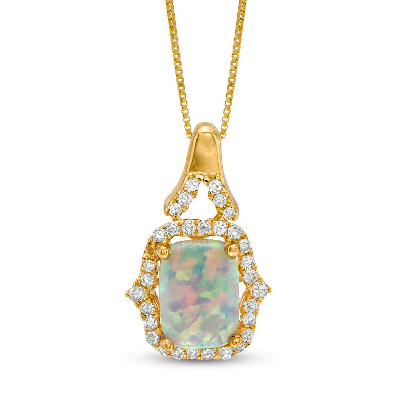 Elongated Cushion-Cut Lab-Created Opal and 0.17 CT. T.W. Diamond Frame Pendant in 10K Yellow Gold