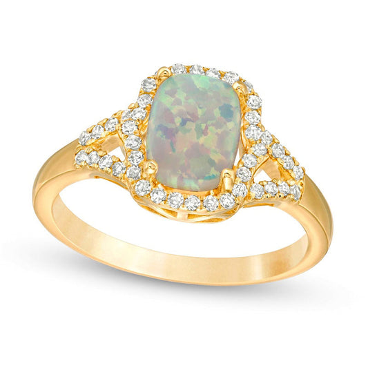 Elongated Cushion-Cut Lab-Created Opal and 0.20 CT. T.W. Diamond Frame Split Shank Ring in Solid 10K Yellow Gold