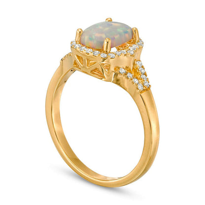 Elongated Cushion-Cut Lab-Created Opal and 0.20 CT. T.W. Diamond Frame Split Shank Ring in Solid 10K Yellow Gold