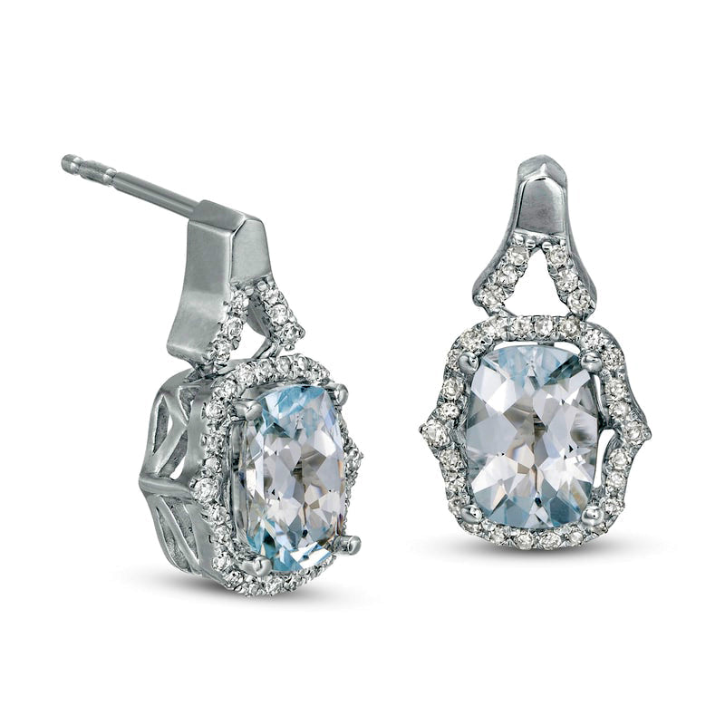 Elongated Cushion-Cut Aquamarine and 0.2 CT. T.W. Diamond Frame Drop Earrings in 10K White Gold