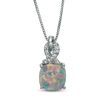8.0mm Cushion-Cut Lab-Created Opal and 0.05 CT. T.W. Diamond Ribbon Top Pendant in Sterling Silver