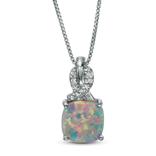 8.0mm Cushion-Cut Lab-Created Opal and 0.05 CT. T.W. Diamond Ribbon Top Pendant in Sterling Silver