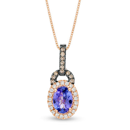 Oval Tanzanite and 0.13 CT. T.W. Champagne and White Natural Diamond Doorknocker Pendant in 10K Rose Gold and Black Rhodium