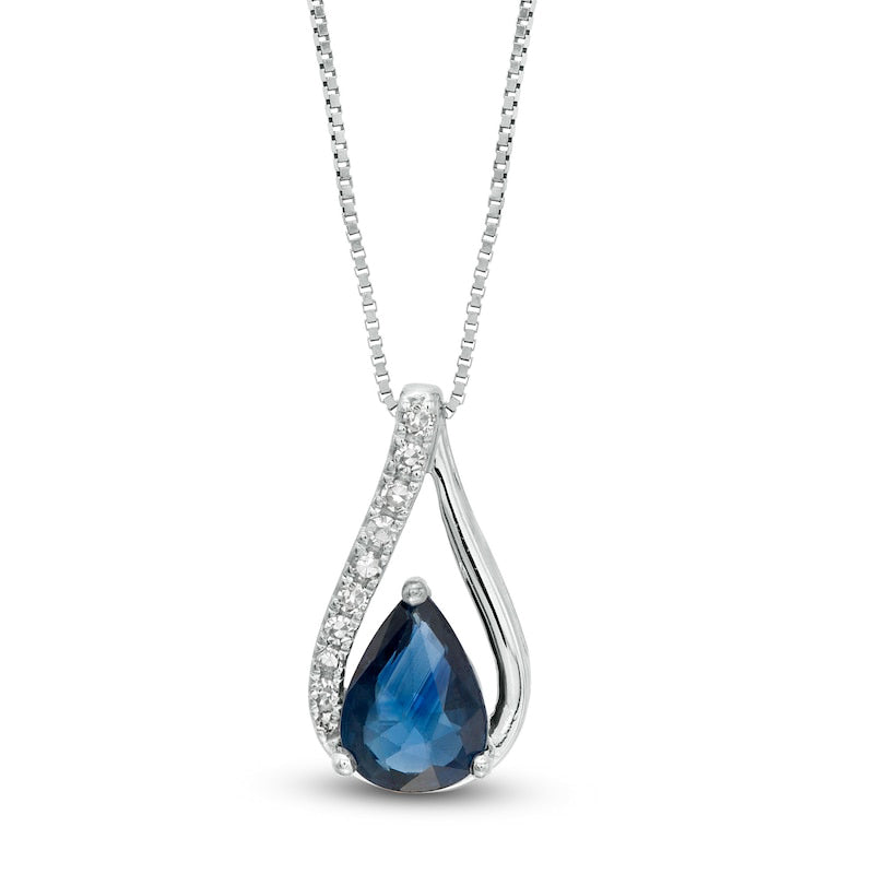 Pear-Shaped Blue Sapphire and 0.05 CT. T.W. Natural Diamond Teardrop Pendant in 10K White Gold