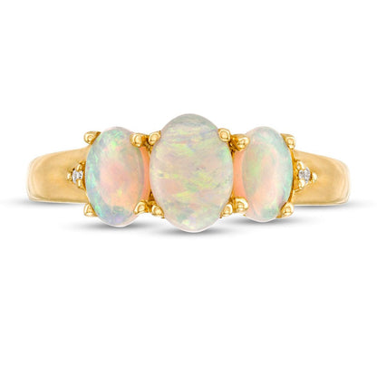 Oval Opal and Natural Diamond Accent Three Stone Ring in Solid 10K Yellow Gold
