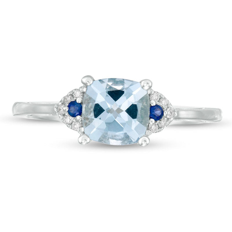 6.0mm Cushion-Cut Aquamarine, Blue Sapphire and Natural Diamond Accent Ring in Solid 14K White Gold