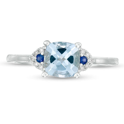 6.0mm Cushion-Cut Aquamarine, Blue Sapphire and Natural Diamond Accent Ring in Solid 14K White Gold