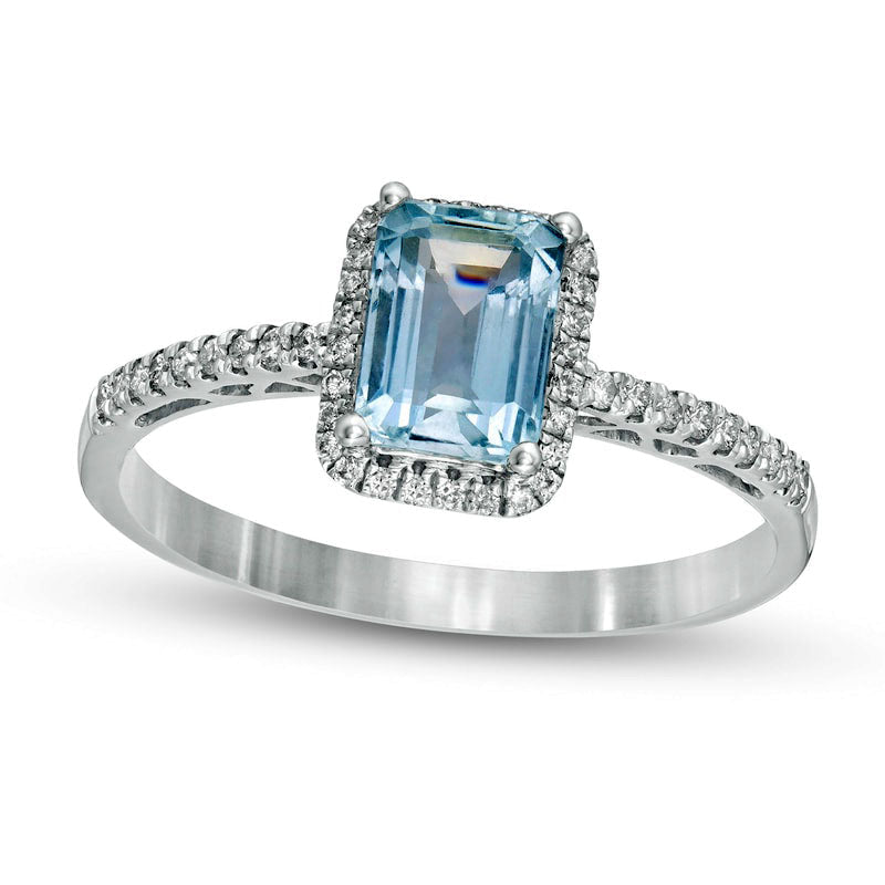 Emerald-Cut Aquamarine and 0.17 CT. T.W. Natural Diamond Frame Ring in Solid 14K White Gold