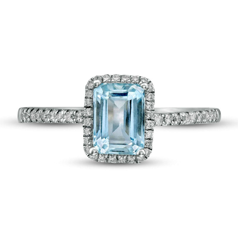 Emerald-Cut Aquamarine and 0.17 CT. T.W. Natural Diamond Frame Ring in Solid 14K White Gold