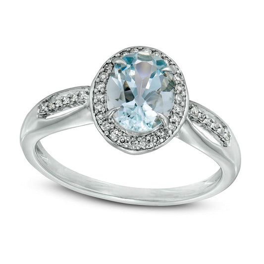 Oval Aquamarine and 0.13 CT. T.W. Natural Diamond Frame Open Shank Ring in Solid 10K White Gold