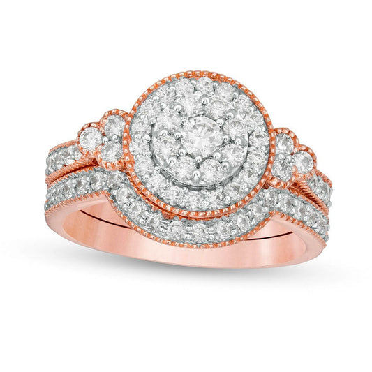 1.0 CT. T.W. Natural Diamond Frame Tri-Sides Antique Vintage-Style Bridal Engagement Ring Set in Solid 10K Rose Gold
