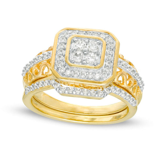 0.50 CT. T.W. Quad Natural Diamond Octagonal Frame Bridal Engagement Ring Set in Solid 10K Yellow Gold