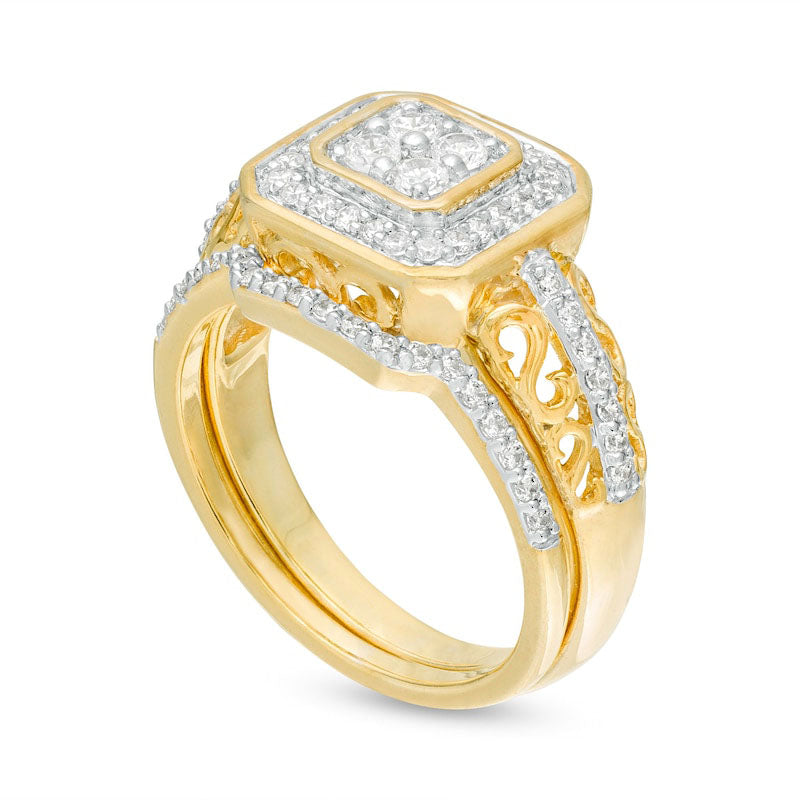 0.50 CT. T.W. Quad Natural Diamond Octagonal Frame Bridal Engagement Ring Set in Solid 10K Yellow Gold