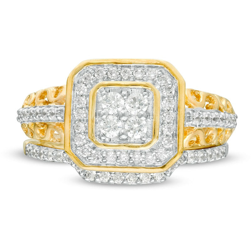 0.50 CT. T.W. Quad Natural Diamond Octagonal Frame Bridal Engagement Ring Set in Solid 10K Yellow Gold