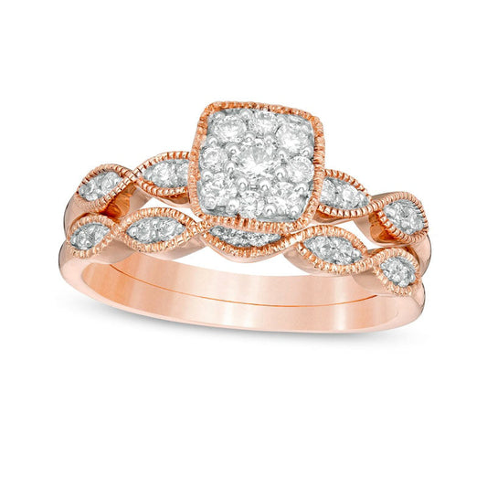 0.38 CT. T.W. Natural Diamond Cushion Frame Marquise Twist Antique Vintage-Style Bridal Engagement Ring Set in Solid 10K Rose Gold