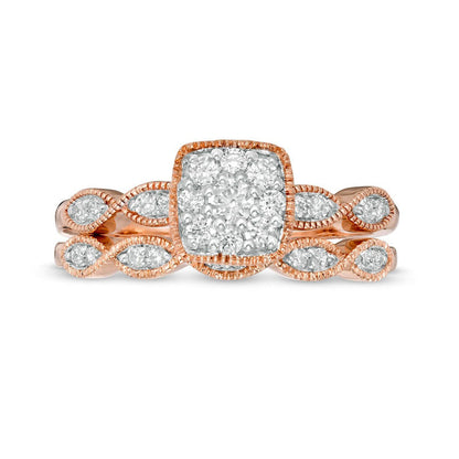 0.38 CT. T.W. Natural Diamond Cushion Frame Marquise Twist Antique Vintage-Style Bridal Engagement Ring Set in Solid 10K Rose Gold