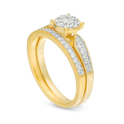 0.38 CT. T.W. Natural Diamond Frame Arrow Sides Antique Vintage-Style Bridal Engagement Ring Set in Solid 10K Yellow Gold