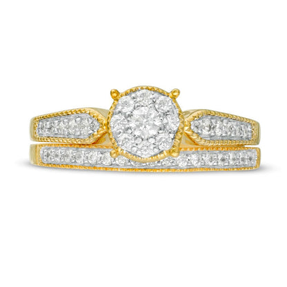 0.38 CT. T.W. Natural Diamond Frame Arrow Sides Antique Vintage-Style Bridal Engagement Ring Set in Solid 10K Yellow Gold