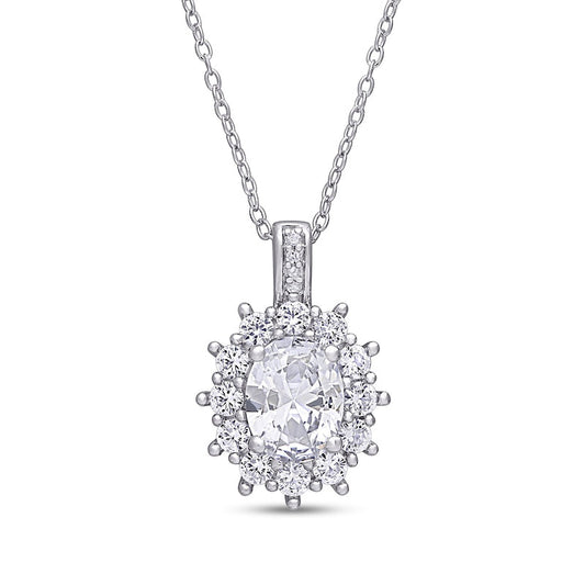 Oval Lab-Created White Sapphire and Diamond Accent Starburst Frame Pendant in Sterling Silver
