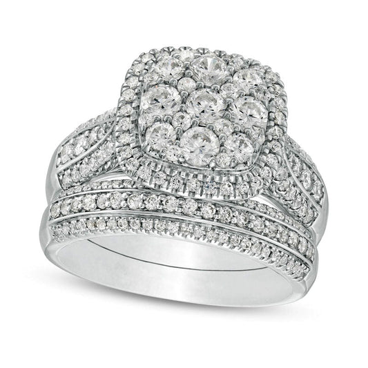 1.5 CT. T.W. Composite Natural Diamond Cushion Frame Multi-Row Bridal Engagement Ring Set in Solid 10K White Gold