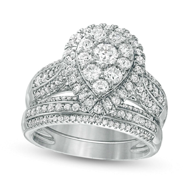 1.5 CT. T.W. Composite Natural Diamond Pear-Shaped Frame Multi-Row Bridal Engagement Ring Set in Solid 10K White Gold