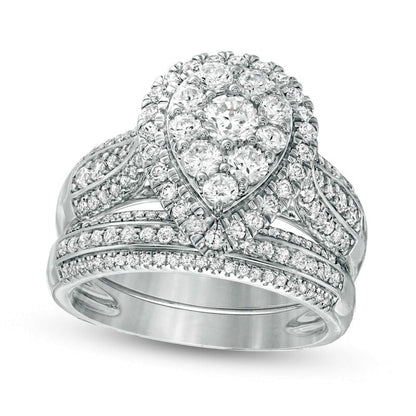 1.5 CT. T.W. Composite Natural Diamond Pear-Shaped Frame Multi-Row Bridal Engagement Ring Set in Solid 10K White Gold