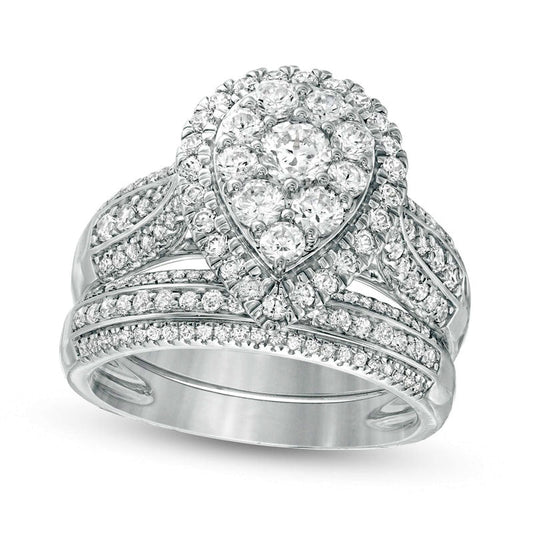 1.5 CT. T.W. Composite Natural Diamond Pear-Shaped Frame Multi-Row Bridal Engagement Ring Set in Solid 10K White Gold