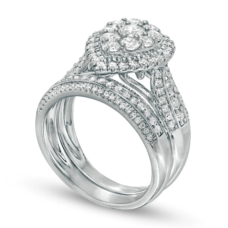 1.5 CT. T.W. Composite Natural Diamond Pear-Shaped Frame Multi-Row Bridal Engagement Ring Set in Solid 10K White Gold